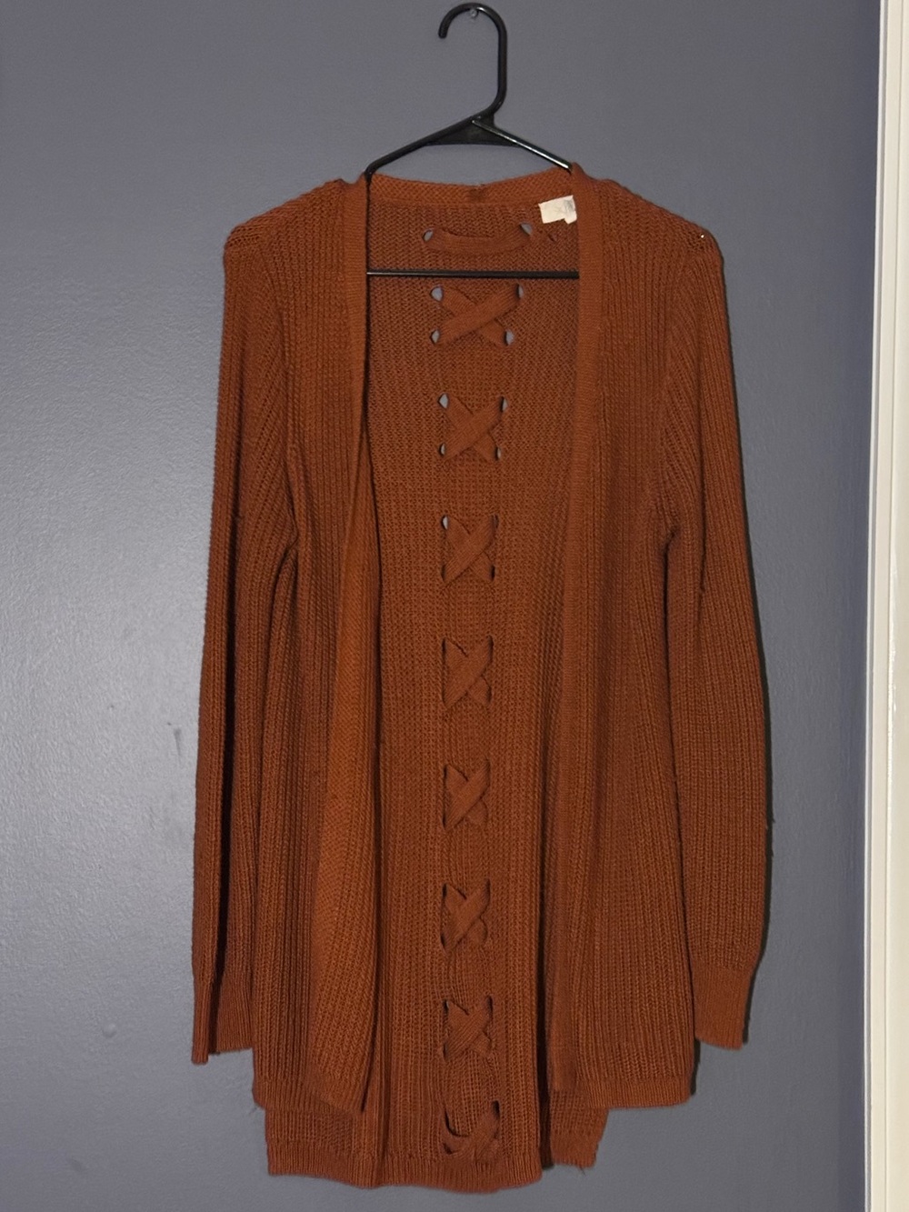 Ribbed Open-Front Cardigan with Lace-Up Detail in Rust